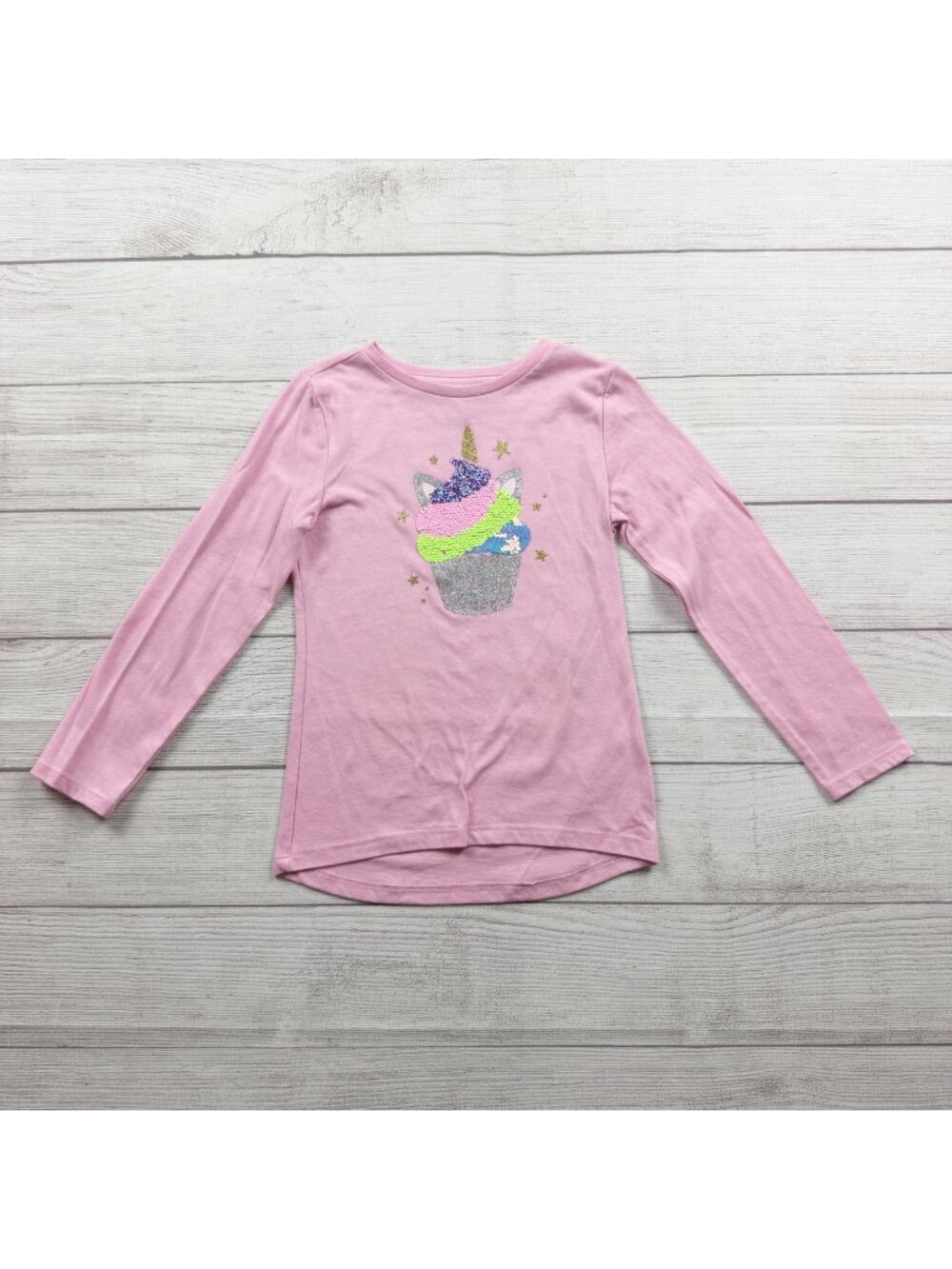 Wonder Nation Long Sleeve Pink Shirt Unicorn Cupcake Flip Sequins Girls XS 4-5